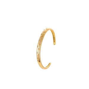 Gouden roestvrijstalen open armband met stergravures en glanzende zirkonia kristallen