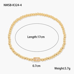 Détails du bracelet en perles dorées avec zircon, montrant 17cm de long et un poids de 5,7g