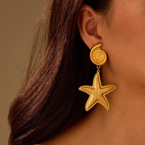 Golden sea star and shell drop earrings for women with detailed bead textures