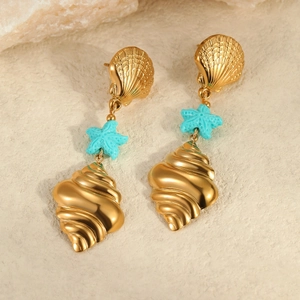 Detailed view of ocean-themed earrings with gold seashell and blue starfish charms