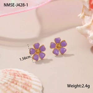 Close-up of a lavender floral stud earring with gold edges and measurement details
