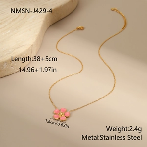 Detail of pink flower pendant necklace in gold stainless steel for girls