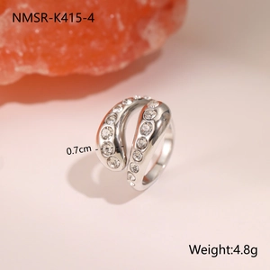 Detail view of silver geometric open ring with double row cubic zirconia 0.7cm width