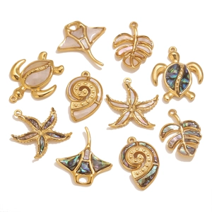 Colgantes de acero dorado y concha marina con tortuga y estrella de mar para joyería DIY