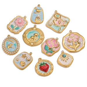 Floral oil painting pendants in vintage gold with enamel charms for DIY jewelry making