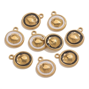 Pendentifs coquillages ronds dorés en émail noir et blanc pour bijoux personnalisés