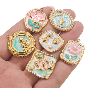 Set of 6 gold stainless steel enamel floral and bird pendants for DIY jewelry making