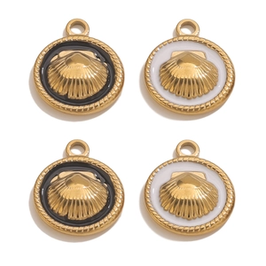 Pendentifs ronds en acier doré et émail noir et blanc avec motif coquillage pour bijoux
