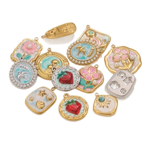 Assorted enamel stainless steel floral pendants for DIY jewelry making with gold finish