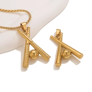 18K gold plated stainless steel baseball pendant necklace with crossed bats on white stand