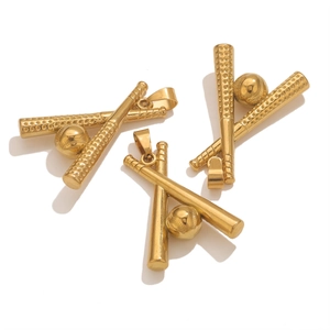 Macro shot of 18k gold plated stainless steel baseball bat and ball pendant charms
