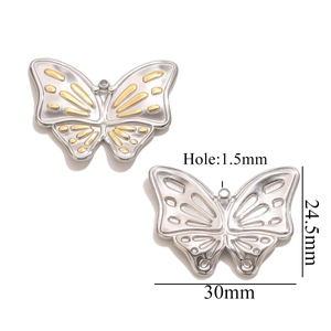 Vue détaillée de pendentifs papillons en métal finitions argent et or en acier robuste