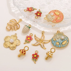 Colgante de Flor de Acero Inoxidable Vintage Para Creación de Joyas DIY Dije de Esmalte Chapado en Oro Concha Estrella de Mar Champiñón Colgantes Para Collar Pulsera