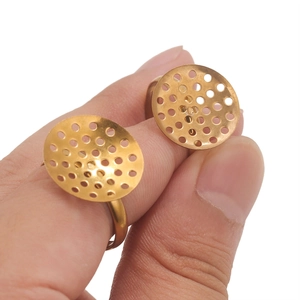 Polished gold plated stainless steel ring base with round perforated plate for DIY jewelry