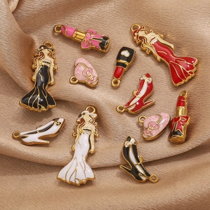 Gold-plated enamel fashion charms set featuring lipstick, dress and high heel icons