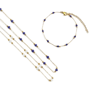 Conjunto elegante de collar y pulsera de oro con cuentas de piedra natural azul y blanco