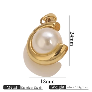 Detail showing 24mm 18K gold plated stainless steel pendant with large white pearl inlay