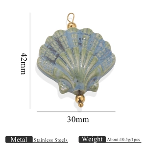 Colgante de concha de porcelana azul con cuentas de acero inoxidable, 42x30mm vintage