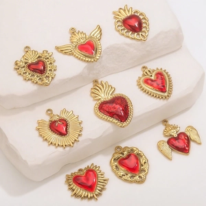 Retro 18k gold plated stainless steel sacred heart wing pendants with red enamel