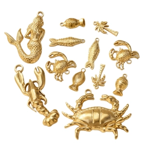 11er-Set goldene Meeresanhänger aus Edelstahl mit Meerjungfrau, Fisch und Kokosnussbaum