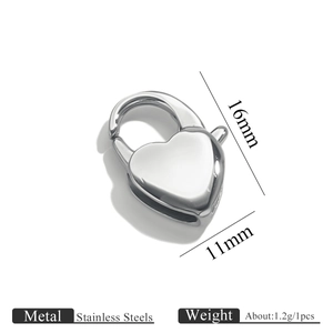 Macro detail of a heart-shaped stainless steel lobster clasp sized 16mm by 11mm
