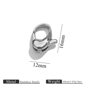Vista dettagliata della chiusura a moschettone in acciaio inox 16mm con dimensioni e peso