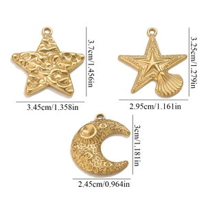 Gold vacuum-plated stainless steel star and moon pendant charms with textured surfaces