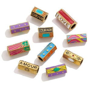Hexagonal stainless steel enamel beads with Love and Amour engravings in multiple colors