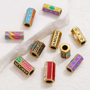 Colorful hexagonal enamel beads with gold plating and inspirational words for DIY jewelry