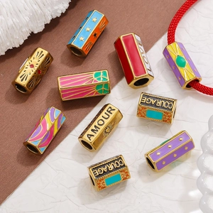 Colorful hexagon stainless steel beads with enamel patterns and engraved motivational words