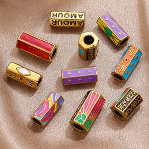 Colorful hexagon enamel stainless steel beads with Amour and Courage engravings