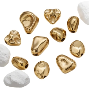 Set of 10 irregular 18K gold plated stainless steel beads with high polished mirror finish