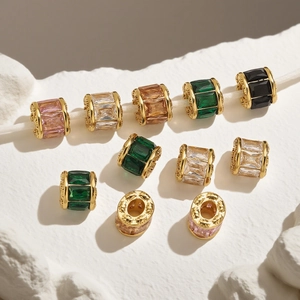 Stainless Steel Gold Plated Large Hole Spacer Bead Charm Rhinestone Inlaid Retro Pattern DIY Bracelet Jewelry Accessories