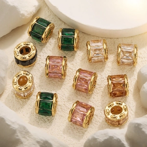 18k gold-plated stainless steel cylinder beads with micro-paved multi-color crystals
