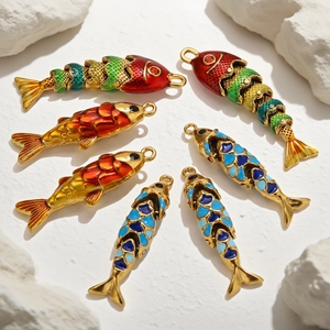 Articulated enamel fish pendants in gold-plated stainless steel for DIY necklace making