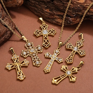18k gold plated stainless steel cross necklace with crystal zircon for religious jewelry