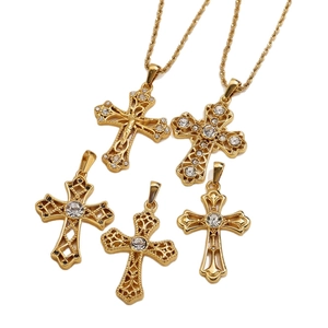 Set of five 18k gold plated stainless steel religious cross pendants with zircon accents