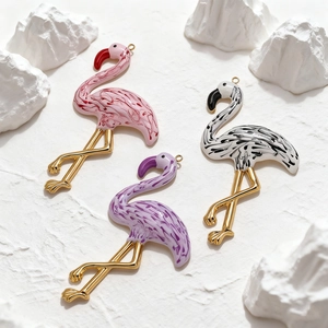 Three-piece colorful flamingo resin charms with golden edges for DIY jewelry and necklaces