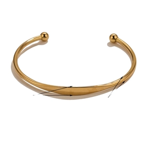 Polished 18K gold stainless steel C-shaped open bangle bracelet with ball ends