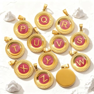 Pendentif Seul Sans Chaîne En Acier Inoxydable Paillettes Roses Initiale Alphabet Rond Plaque Or Lettre A-Z DIY Bijoux