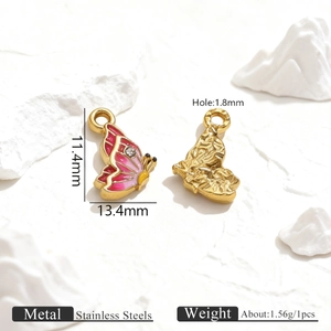 Detailed view of pink butterfly pendant with dimensions 11.4x13.4mm and stainless steel texture