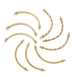 Gold-plated stainless steel curved tube connectors in smooth, bamboo, and twist textures