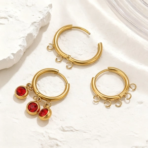 Golden stainless steel multi-loop earring hoops with elegant red ruby pendant charms