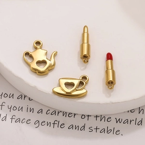 Golden stainless steel teapot cup and lipstick charms with heart cutout for DIY jewelry