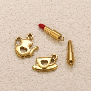 Golden teapot, cup, and lipstick charms for DIY jewelry making and stainless steel bracelets