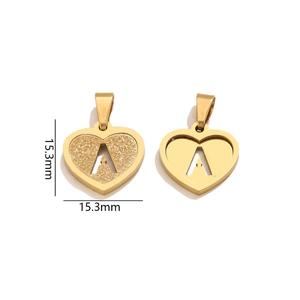 Detail view of 15.3mm gold heart charms with A letter and matte finish texture