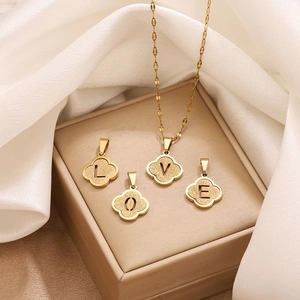 Gold plated stainless steel four-leaf clover necklaces with LOVE letter pendants