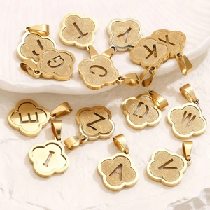 Stainless Steel Gold Plated Four Leaf Clover Initial Letter Pendant Frosted Sandblast Charm For Women DIY Jewelry Making