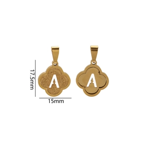 Detail of clover pendant with letter A showing dimensions 17.5mm by 15mm in gold finish