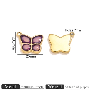 Detail showing the front and back of a 25mm purple stainless steel butterfly pendant